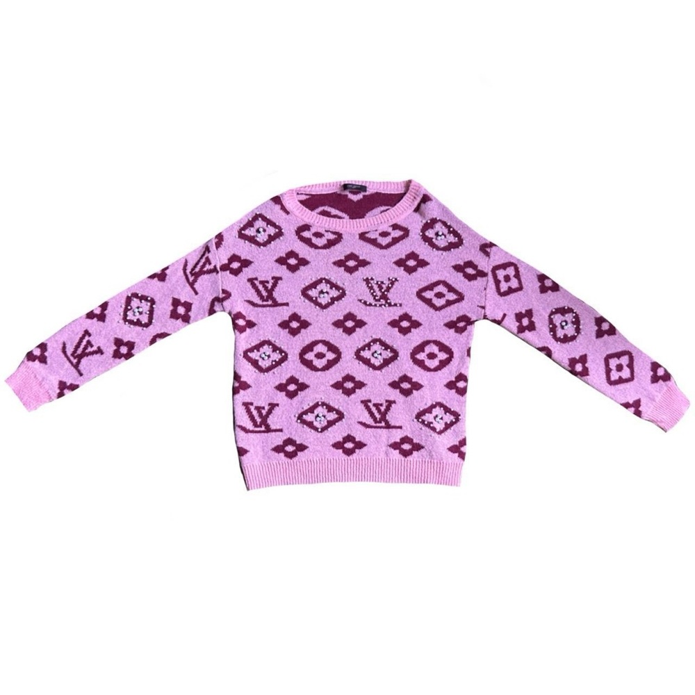 LOUIS VUITTON PINK AND PURPLE LOGO CREW NECK BEADED PEARLS